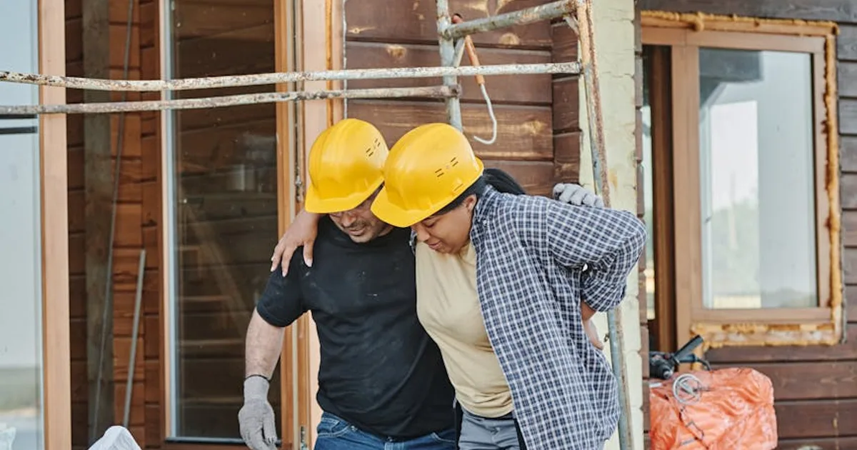 Trabalhador usando capacete e colete refletivo em canteiro de obras, consultando um engenheiro de segurança
